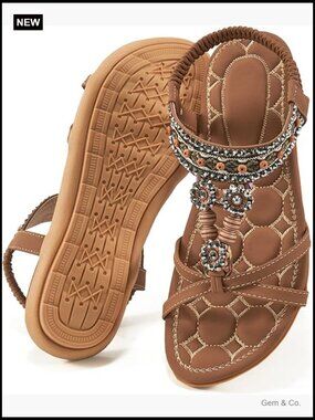 Boho Rhinestone Beaded Elastic Ankle Strap Flat Sandals